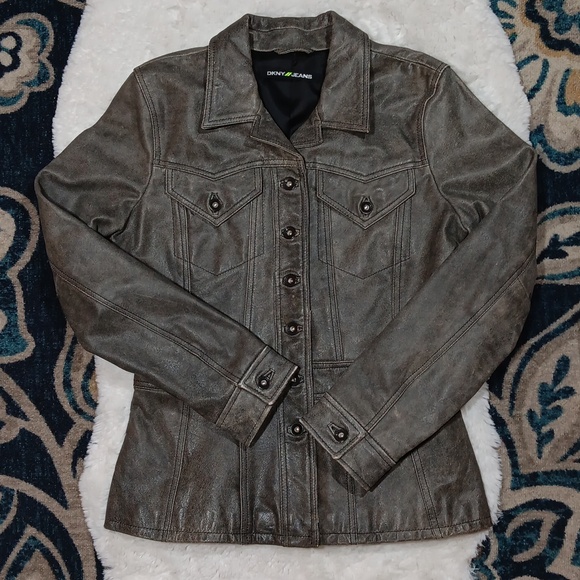 DKNY vintage button up leather jacket mens medium